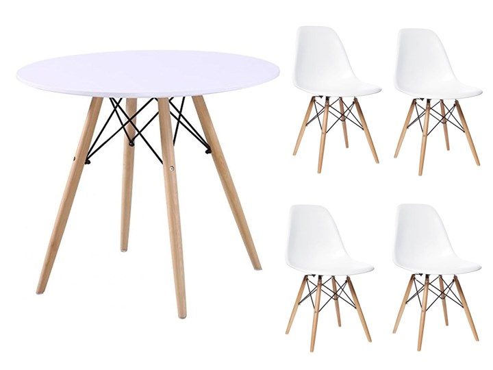 ZESTAW PARIS STÓŁ 90 CM + 4 KRZESŁA BIAŁE NA NOGACH BUKOWYCH ZESTAW STÓŁ okrągły 60 CM + 3 KRZESŁA BIAŁE NOGI BUK dsw dsr