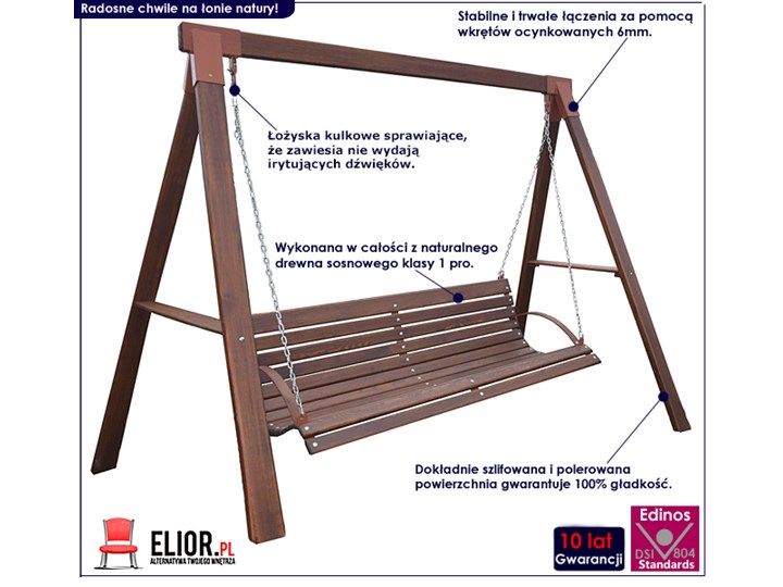 Drewniana huśtawka ogrodowa Magis 3X - 180 cm Typ Huśtawka ze stelażem Kolor Brązowy