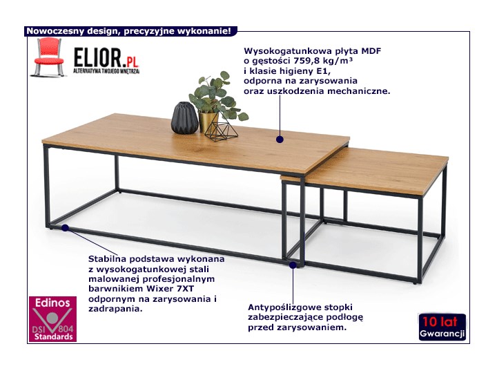 ława industrialna tulum zestaw - dąb złoty Zestaw stolików Wysokość 40 cm Kolor Biały