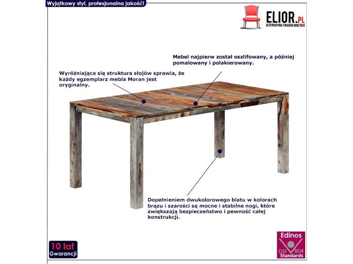 Stół z drewna sheesham Vidal 3X – szary Kształt blatu Prostokątny Wysokość 76 cm Drewno Styl Vintage