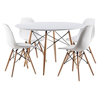 Zestaw stół okrągły PARIS 100 cm + 4 krzesła MILANO białe nogi bukowe