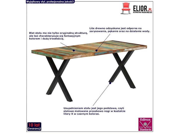 Stół z litego drewna Mirun – wielokolorowy Drewno Wysokość 76 cm Długość 180 cm Stal Wysokość 90 cm Szerokość 90 cm Długość 90 cm Pomieszczenie Stoły do kuchni Styl Industrialny