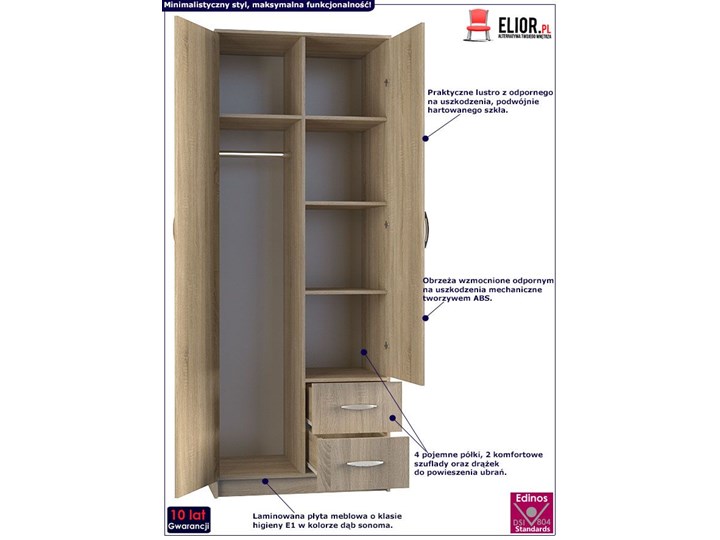 Szafa z lustrem Amira 2X - dąb sonoma Drewno Lustro Metal Płyta MDF Kategoria Szafy do garderoby
