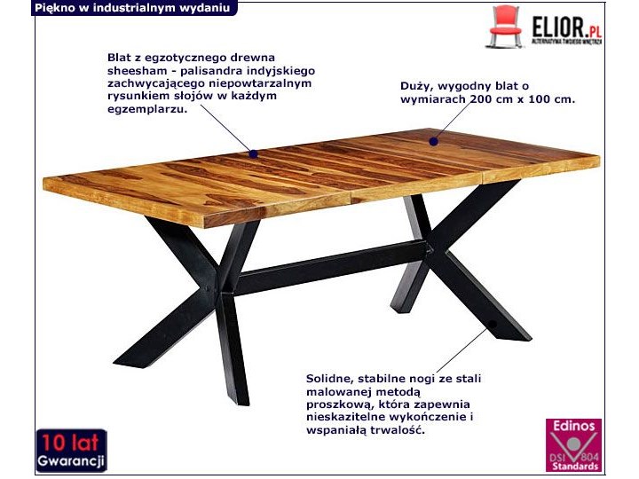 Industrialny stół drewniany palisander Valor 3V Wysokość 75 cm Kształt blatu Prostokątny Długość 200 cm Szerokość 100 cm Drewno Kategoria Stoły kuchenne