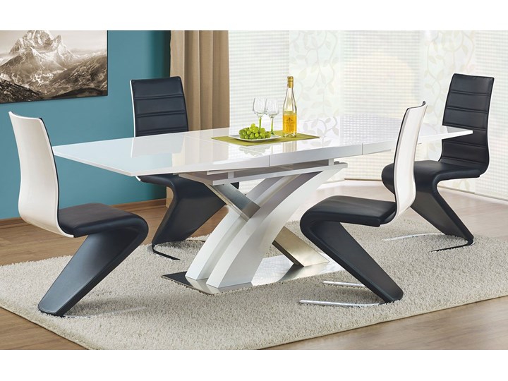 Stół rozkładany Zander - biały połysk Drewno Wysokość 75 cm Płyta laminowana Szerokość 90 cm Długość 160 cm Płyta MDF Stal Długość 90 cm Kategoria Stoły kuchenne