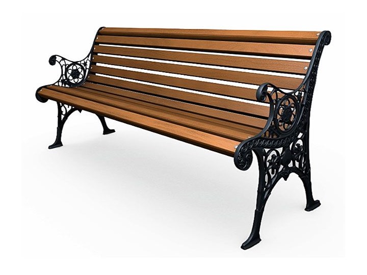 Żeliwna ławka parkowa z ornamentem Stal Z oparciem Długość 150 cm Kategoria Ławki ogrodowe Drewno Kolor Brązowy