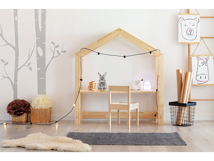 Drewniane biurko dziecięce domek Rosie 2X Styl Skandynawski Głębokość 40 cm Szerokość 111 cm Drewno Kolor Beżowy