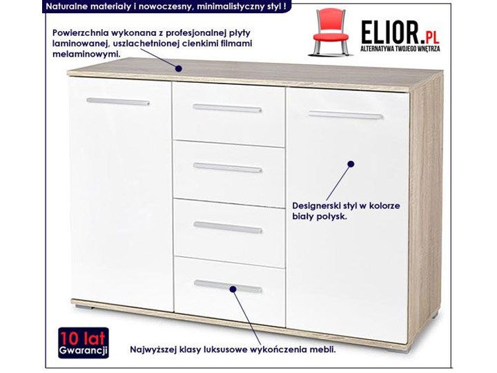 Komoda Lines C3 - biała + dąb sonoma Szerokość 116 cm Z szafkami i szufladami Wysokość 82 cm Drewno Styl Minimalistyczny