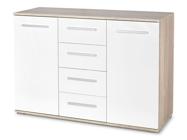 Komoda Lines C3 - biała + dąb sonoma Drewno Wysokość 82 cm Z szafkami i szufladami Kategoria Komody Szerokość 116 cm Pomieszczenie Salon