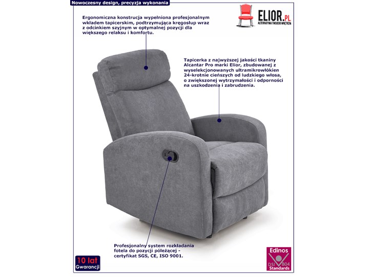 Fotel rozkładany Bover 2X - popielaty Pomieszczenie Salon Szerokość 75 cm Styl Nowoczesny