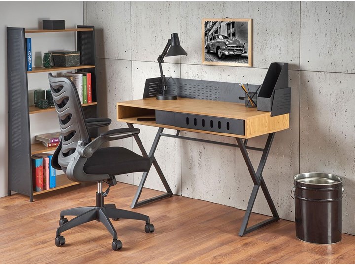 Industrialne biurko Grover - Dąb złoty Szerokość 110 cm Drewno Pomieszczenie Pokój nastolatka Stal Płyta meblowa Płyta MDF Biurko komputerowe Szerokość 51 cm Biurko tradycyjne Styl Nowoczesny
