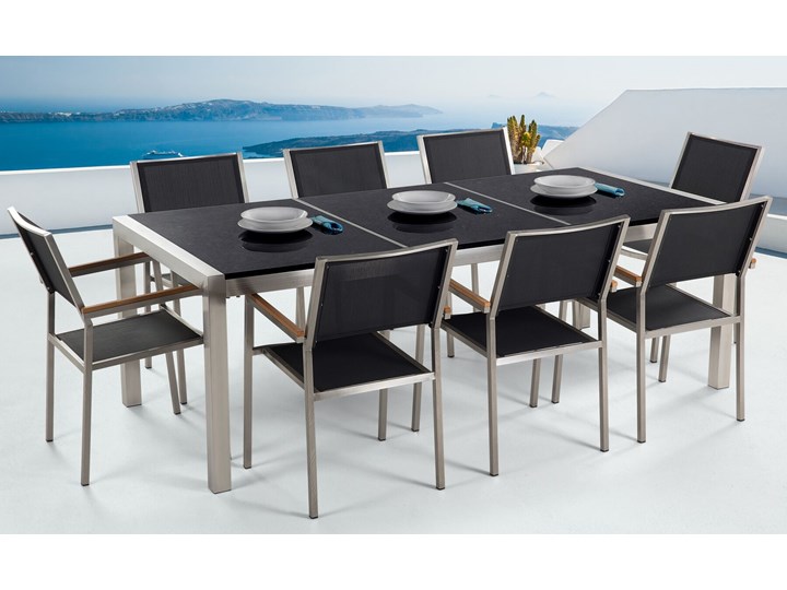 Beliani Zestaw mebli ogrodowych jadalniany czarny stół granit/bazalt 220 x 100 cm 8 krzeseł tekstylnych sztaplowanych Stal Styl Nowoczesny Stoły z krzesłami Tworzywo sztuczne Kategoria Zestawy mebli ogrodowych