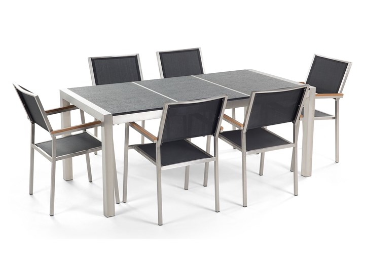 Zestaw mebli ogrodowych jadalniany czarny palony stół granit/bazalt 180 x 90 cm 6 krzeseł tekstylnych sztaplowanych Stoły z krzesłami Tworzywo sztuczne Stal Styl Nowoczesny