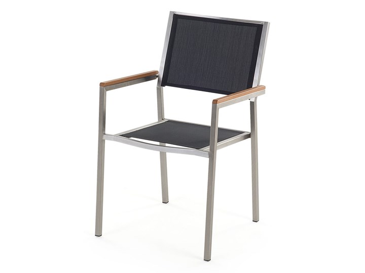 Zestaw mebli ogrodowych jadalniany czarny palony stół granit/bazalt 180 x 90 cm 6 krzeseł tekstylnych sztaplowanych Stoły z krzesłami Tworzywo sztuczne Stal Styl Nowoczesny