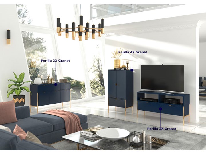 Komoda w stylu glamour Perilla 3X - Granat Wysokość 78 cm Z szafkami i szufladami Szerokość 120 cm Pomieszczenie Pokój nastolatka