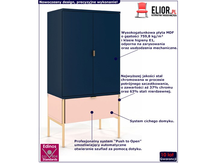 Wysoka komoda w stylu glamour Perilla 4X - Granat-Róż Z szafkami i szufladami Szerokość 60 cm Wysokość 120 cm Kategoria Komody