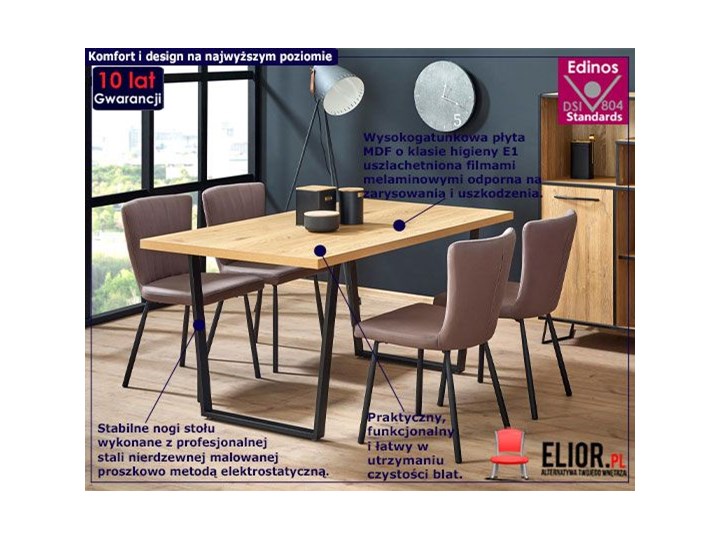 Stół industrialny do salonu Tomas - dąb Płyta MDF Wysokość 75 cm Stal Kolor Beżowy Drewno Kształt blatu Prostokątny