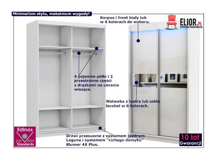 Szafa przesuwna Lea 2X- biała lacobel Typ Gotowa Drewno Pomieszczenie Przedpokój