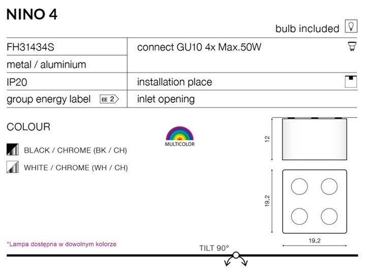 Lampa techniczna Nino 4 Kwadratowe Oprawa stropowa Kategoria Oprawy oświetleniowe Oprawa led Kolor Biały