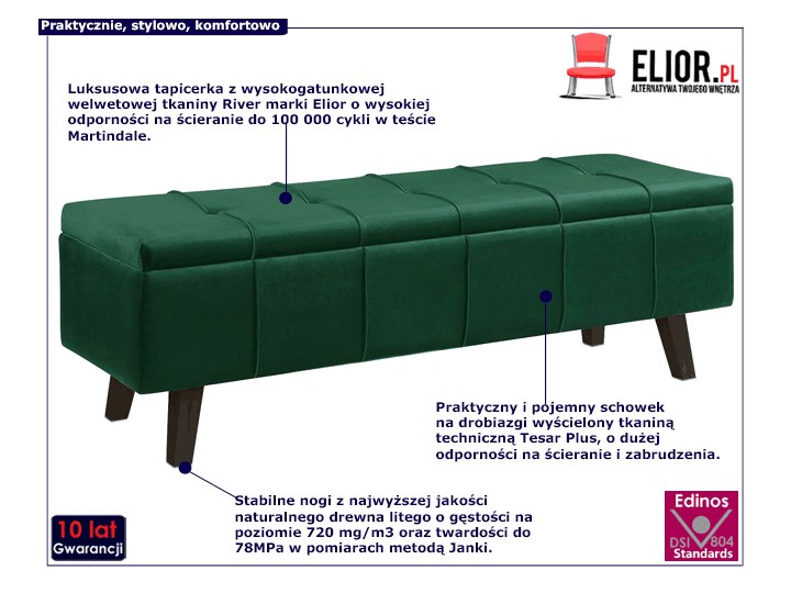 Pikowana ławka z pojemnikiem Adras - zielona Styl Skandynawski Kolor Zielony
