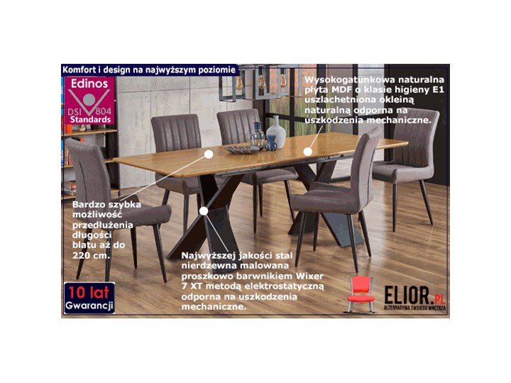 Loftowy stół rozkładany Eden - dąb naturalny Drewno Szerokość 90 cm Długość 220 cm Długość 90 cm Wysokość 75 cm Styl Minimalistyczny Kolor Czarny