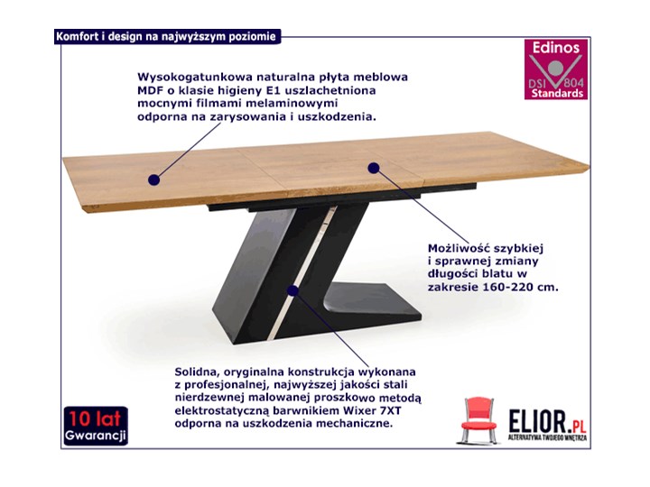 Nowoczesny rozkładany stół Azira - dąb Drewno Styl Industrialny Długość 220 cm Wysokość 75 cm Szerokość 90 cm Długość 90 cm Kategoria Stoły kuchenne