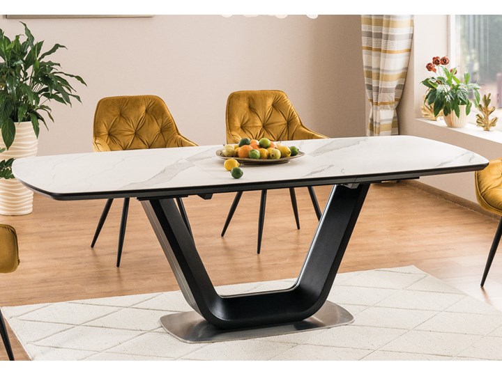 Czarno-biały stół rozkładany z ceramicznym blatem Armani Ceramic Płyta MDF Wysokość 60 cm Długość 90 cm Styl Nowoczesny Marmur Ceramika Szerokość 160 cm Metal Długość 160 cm Długość 220 cm Stal Szerokość 90 cm Pomieszczenie Stoły do jadalni