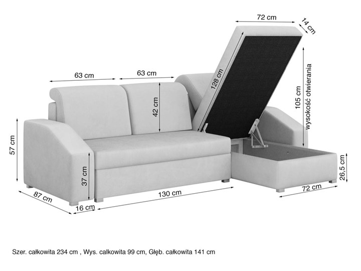NAROŻNIK WYPOCZYNKOWY MILANO Z POJEMNIKIEM PRAWY/LEWY Stała konstrukcja W kształcie L Wysokość 99 cm Szerokość 234 cm Rozkładanie Rozkładany