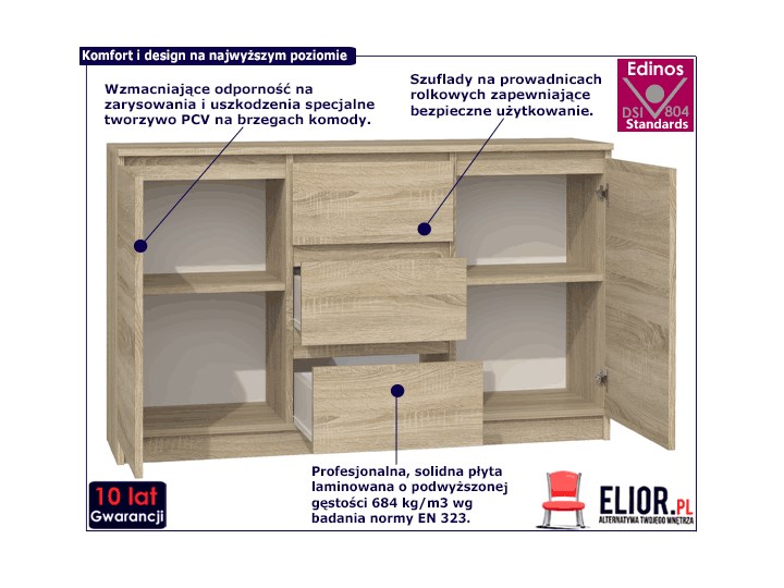 Minimalistyczna komoda Rubin - dąb sonoma Z szafkami i szufladami Drewno Kategoria Komody