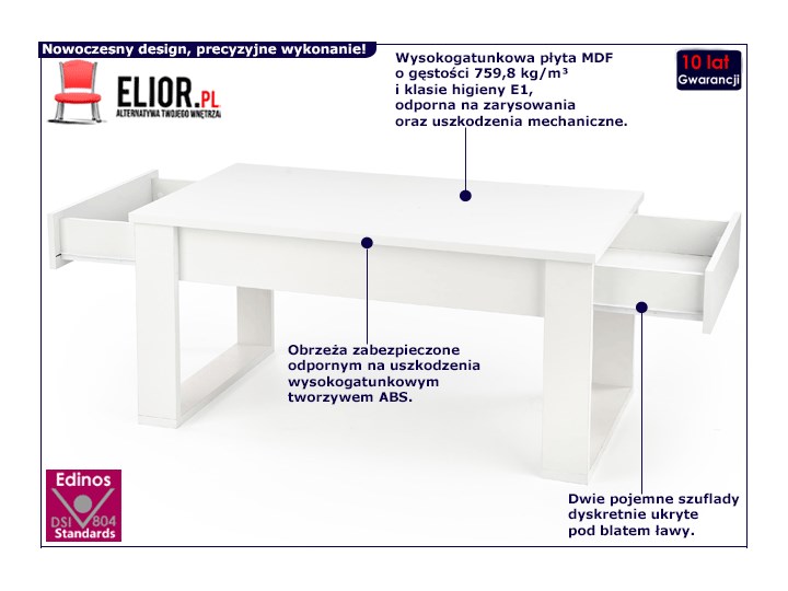 Prostokątna ława z szufladami Salva - biała Wysokość 52 cm Kształt blatu Prostokątne Styl Nowoczesny