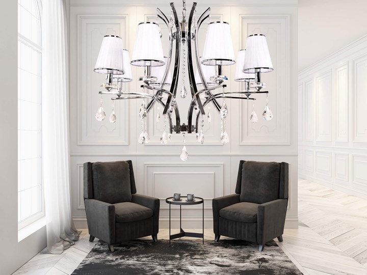 KLASYCZNY ŻYRANDOL KRYSZTAŁOWY BIAŁY GLAMOUR W8 LUMINA DECO Lampa z abażurem Metal Chrom Lampa z kryształkami Tkanina Lampa z kloszem Kolor Srebrny