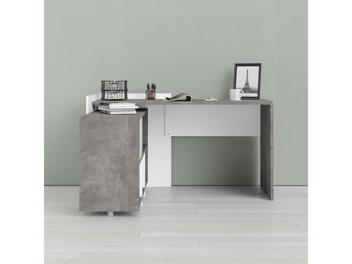 Biurko z regałem Function Extra 4 biały/beton Biurko z nadstawką Szerokość 140 cm Głębokość 120 cm Biurko narożne Styl Nowoczesny