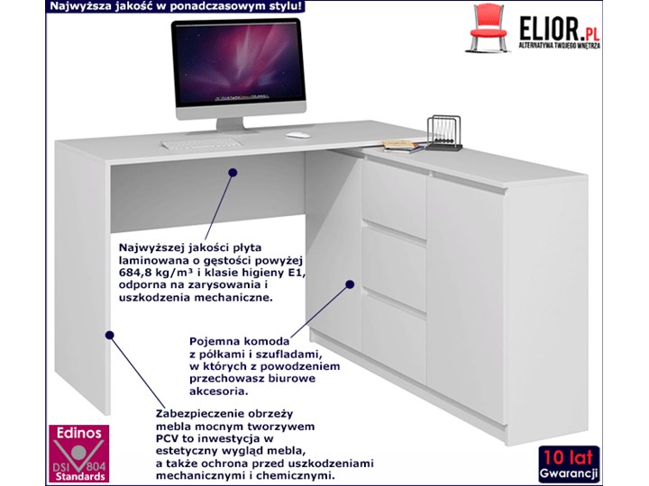 Białe biurko narożne z komodą - Luvis 4X