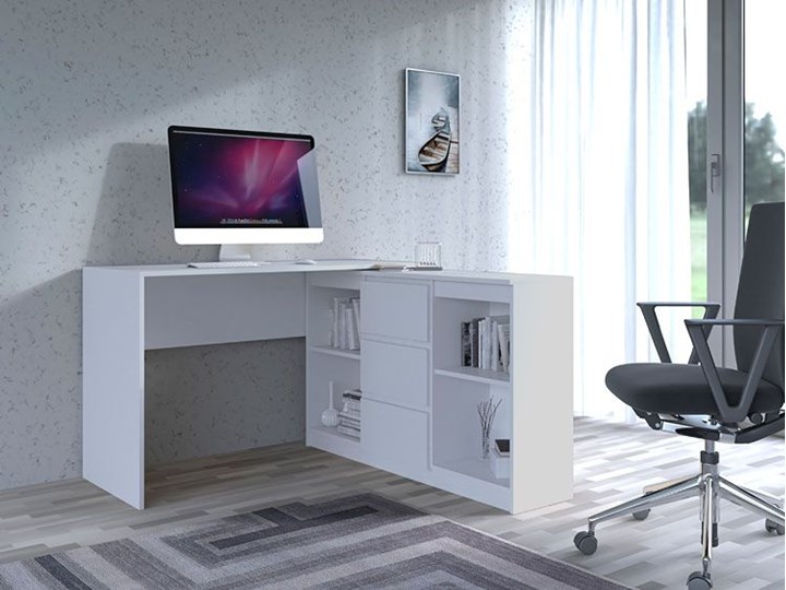Białe biurko narożne z komodą - Luvis 4X Kolor Biały Szerokość 120 cm Płyta meblowa Głębokość 50 cm Pomieszczenie Biuro
