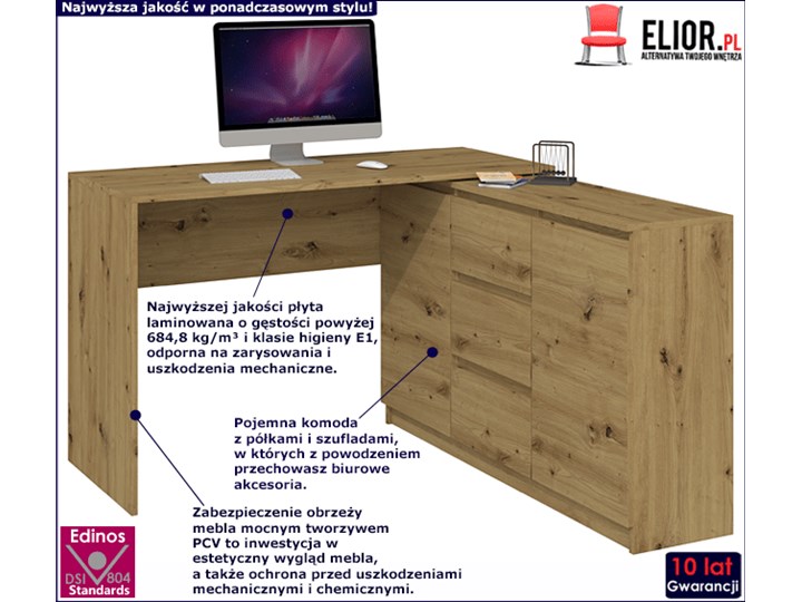 Biurko narożne z komodą Luvis 4X - dąb artisan Styl Nowoczesny Kategoria Biurka