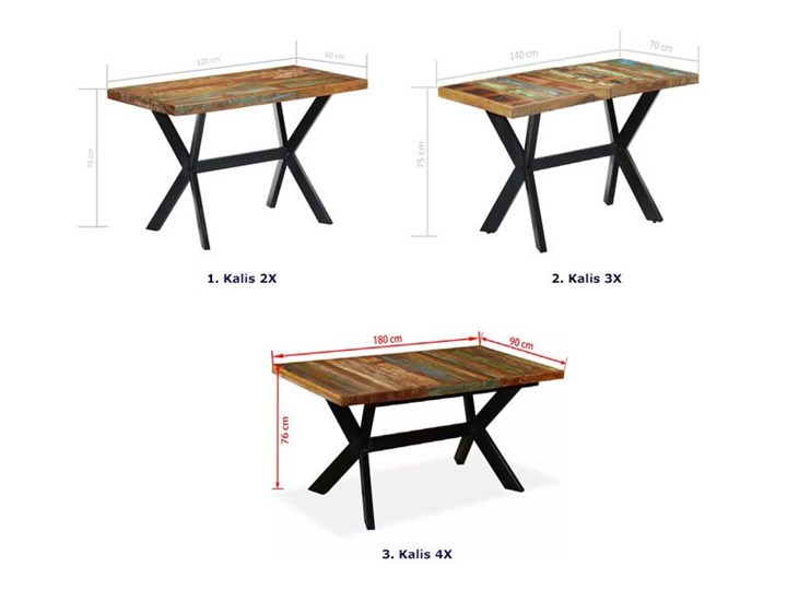 Wielokolorowy stół z drewna odzyskanego – Kalis 3X Długość 140 cm Szerokość 70 cm Wysokość 75 cm Drewno Długość 70 cm Kształt blatu Prostokątny