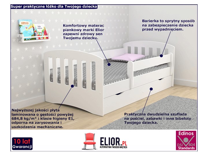 Łóżko dziecięce z materacem Pinokio 2X 80x140 - białe Rozmiar materaca 80x140 cm Płyta meblowa Neutralne Pojedyncze Z szufladą Z barierką Styl Minimalistyczny