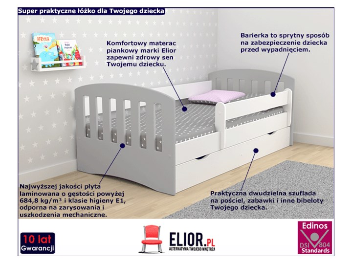 Łóżko dziecięce z materacem Pinokio 2X mix 80x140 - szare Pojedyncze Z szufladą Neutralne Z barierką Płyta meblowa Styl Skandynawski