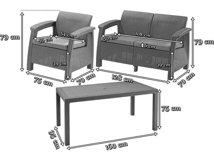 Zestaw tarasowy Corfu Meblobranie Fiesta - Grafit Zestawy obiadowe Zestawy wypoczynkowe Tworzywo sztuczne Zawartość zestawu Sofa