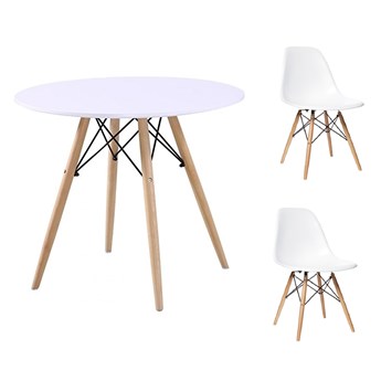 Zestaw stół okrągły PARIS 90 cm + 2 krzesła MILANO białe nogi bukowe