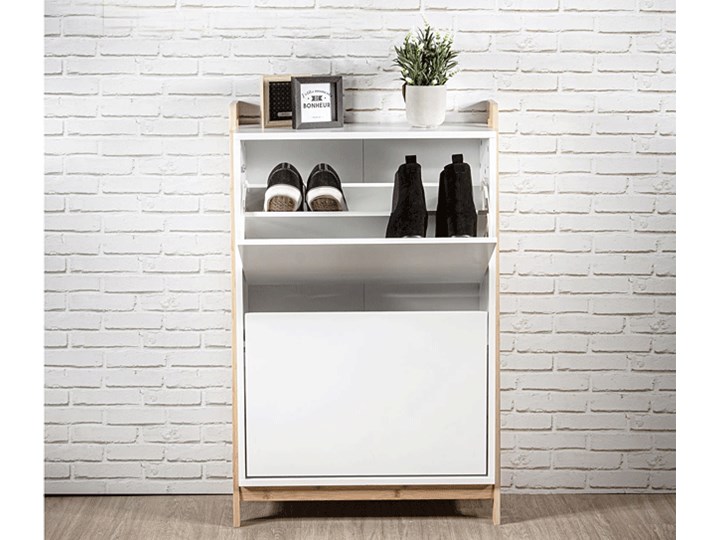 Skandynawska wąska szafka na buty Nekko - biała Drewno Płyta MDF Styl Minimalistyczny Uniwersalne Tworzywo sztuczne Płyta laminowana Styl Nowoczesny