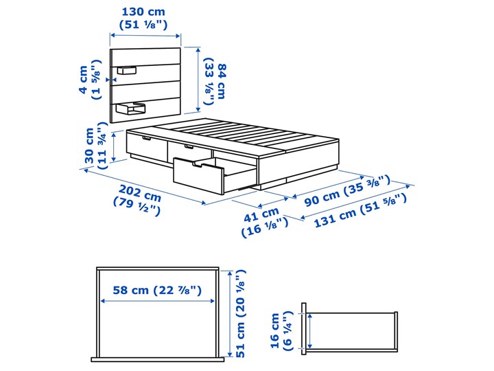 IKEA NORDLI Rama łóżka z pojemnikiem, zagłówek, antracyt, 90x200 cm Tkanina Pojedyncze Neutralne Kategoria Łóżka dla dzieci Kolor Czarny