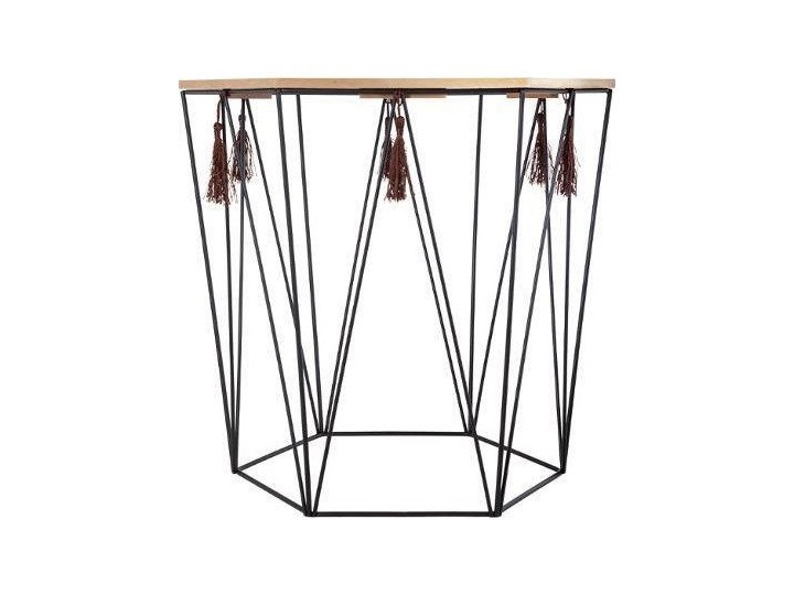 Stolik kawowy z drewna i metalu, sześciokątny blat ze wzorami, design w stylu modern pasujący do wielu wnętrz.