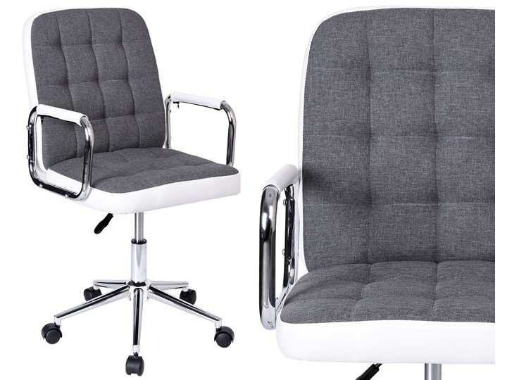 Fotel obrotowy Karlos biało-szary Fotel pikowany Skóra ekologiczna Szerokość 54 cm Wysokość 102 cm Wysokość 92 cm Styl Glamour Tkanina Głębokość 60 cm Metal Styl Nowoczesny
