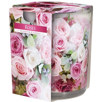 Bispol Aura świeca zapachowa w szkle z nadrukiem wzór pudełko 100 g - Roses Róże