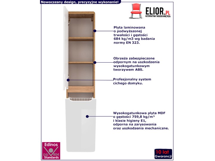 Słupek łazienkowy z koszem Borneo 9X - Biały połysk Szerokość 35 cm Stojące Wysokość 170 cm Kategoria Szafki stojące