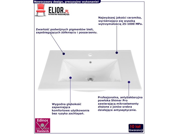 Ceramiczna umywalka meblowa Rutica 80 cm - Biała Kolor Biały Ceramika Meblowe Prostokątne Kategoria Umywalki
