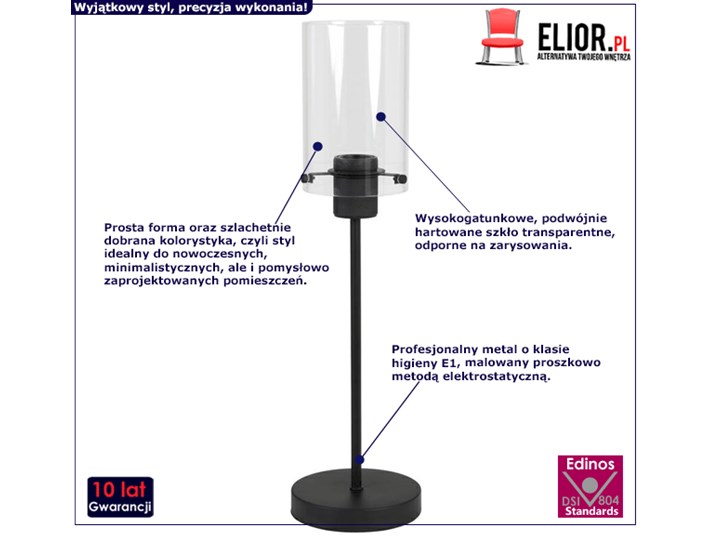 Szklana lampa stołowa Villo - czarna Styl Industrialny Wysokość 55 cm Lampa z kloszem Styl Vintage