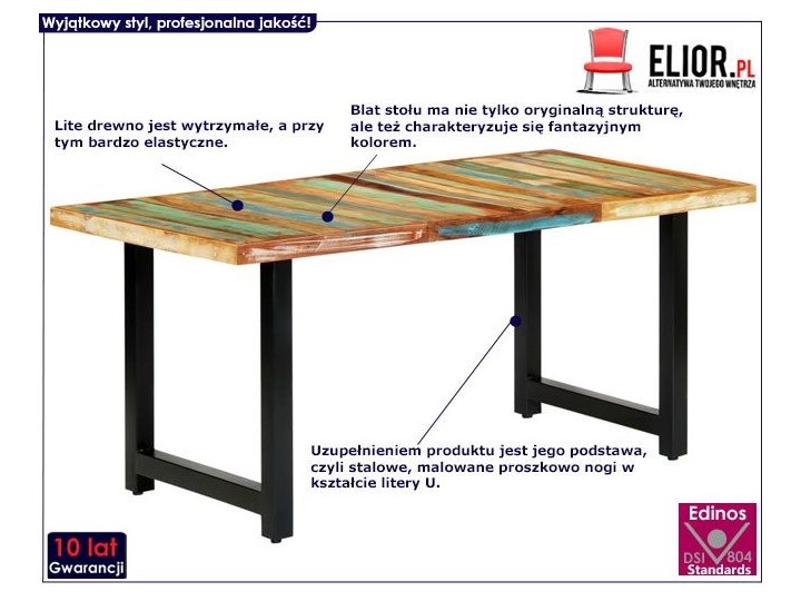 Stół z drewna odzyskanego Buzel 2X – wielokolorowy Szerokość 90 cm Drewno Długość 180 cm Wysokość 90 cm Długość 90 cm Wysokość 76 cm Kolor Czarny Stal Styl Vintage