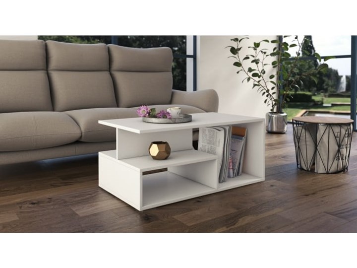 Nowoczesny biały stolik kawowy z półkami 90x51 Wysokość 43 cm Ława Kategoria Stoliki i ławy Płyta meblowa Styl Minimalistyczny